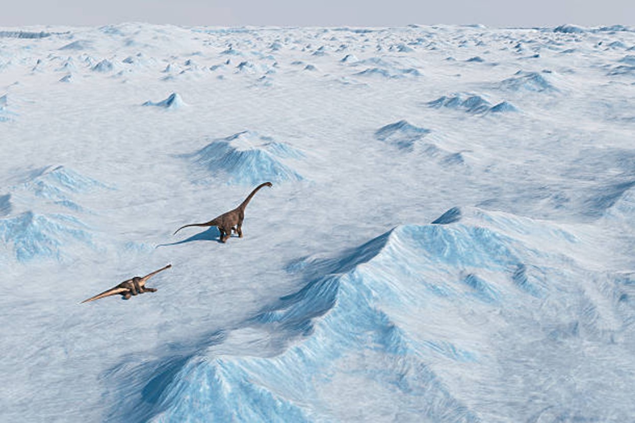 Digital illustration of two dinosaurs walking across an ice sheet