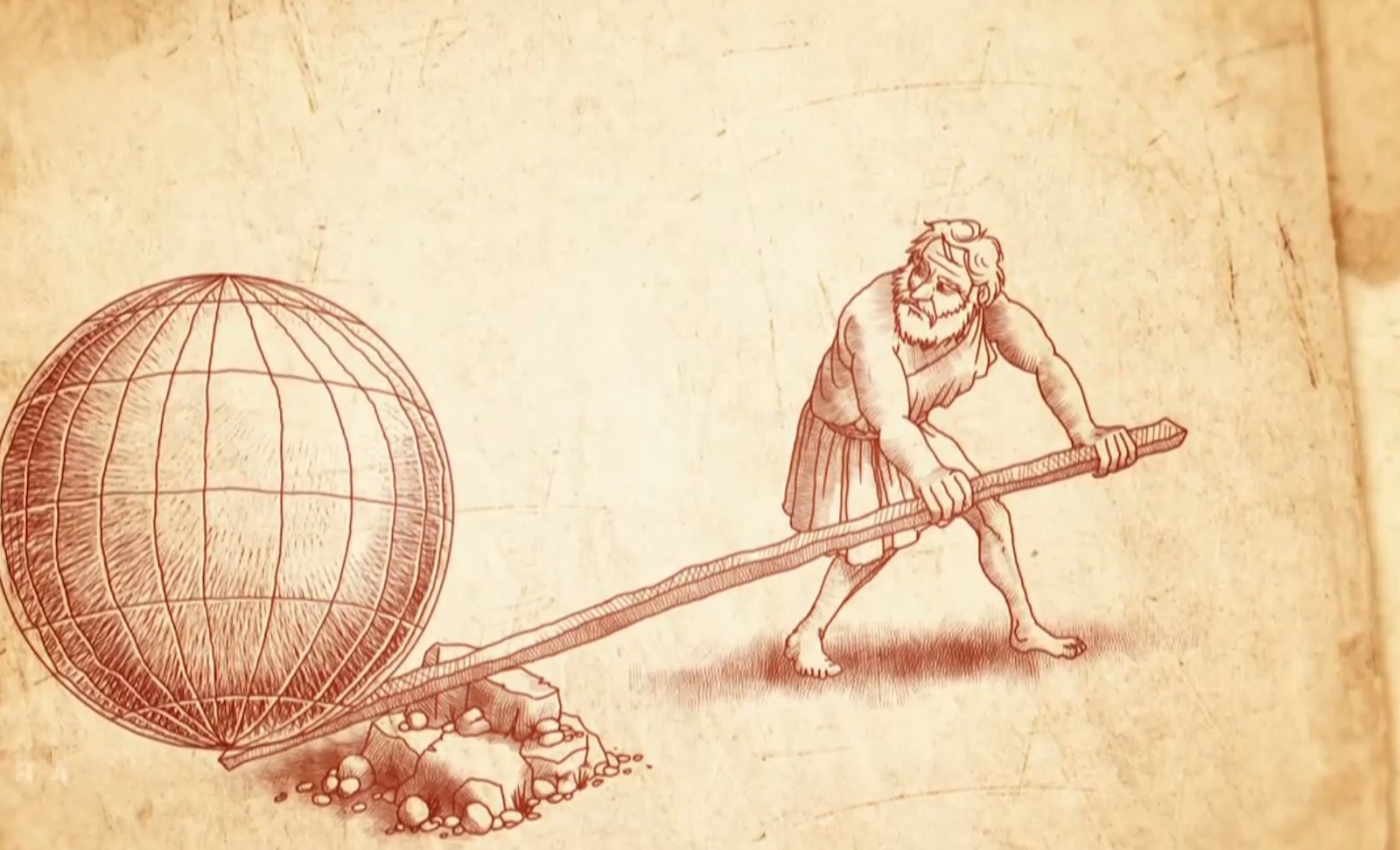 A drawing of Archimedes of Syracuse using a lever to lift a large rock