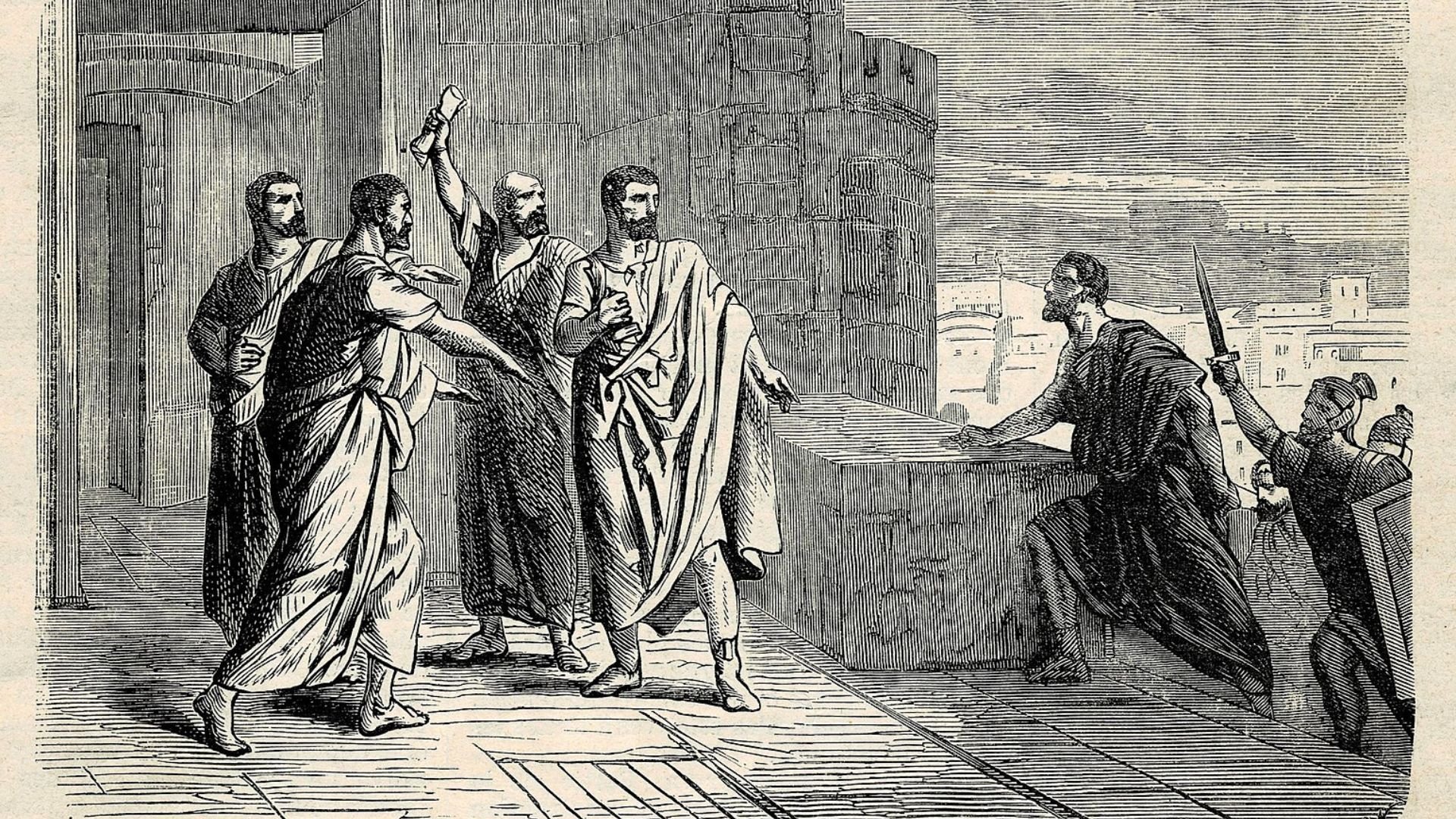 A vintage black and white engraving depicting a scene from ancient Rome where a group of men in togas, presumably Roman senators, are gathered around a table, engaged in serious discussion. To the right, a lictor in darker clothing stands with a raised fasces, a symbol of authority in ancient Rome