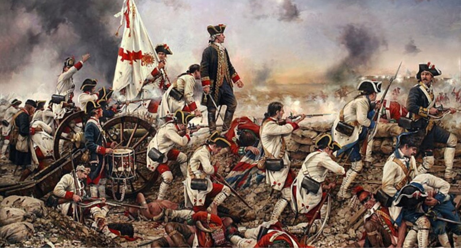 A painting of the Battle of Pensacola. Soldiers are hiding behind bunkers and are holding guns at the enemy. Some of the soldiers are lying wounded.