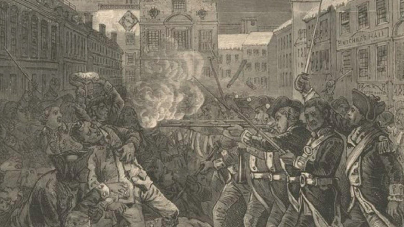 A black and white drawing of the Boston Massacre. Some people are holding guns and others have swords. People on either side are fighting and there is some smoke in the background.