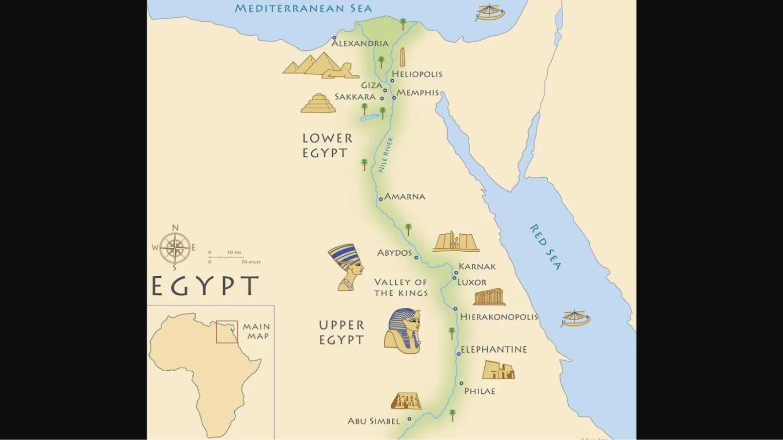 Map of Ancient Egypt including bodies of water and important landmarks