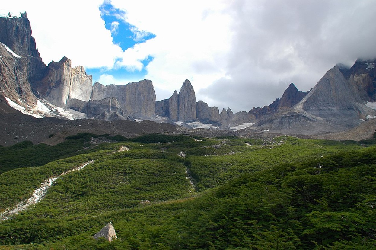 View of Torres del Paine National Park in Chile on a cloudy day