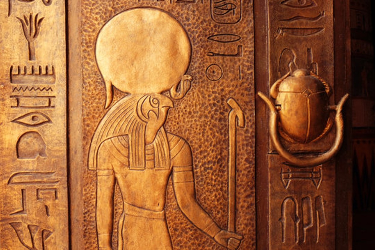 A depiction in bronze of the ancient god of Ra in Egypt