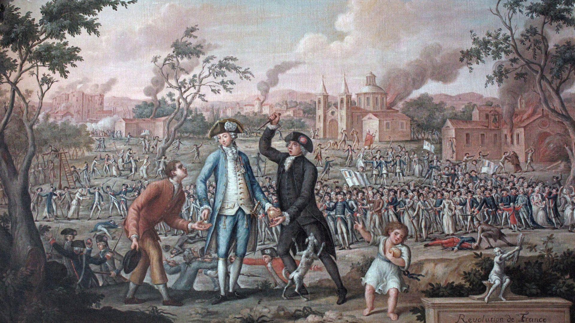 A painting depicting many people, with buildings on fire in the background, of the French Revolution in the 1700s.