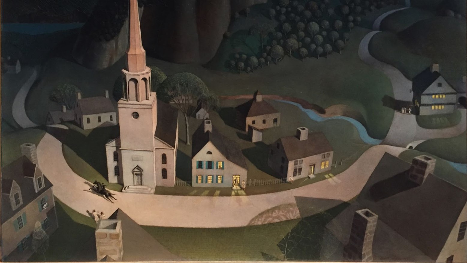 A 1900s painting by Grant Wood that shows Paul Revere’s ride around town.
