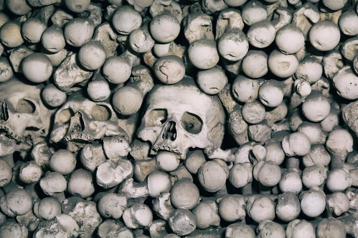 Digital illustration of human skulls below a pile of rocks