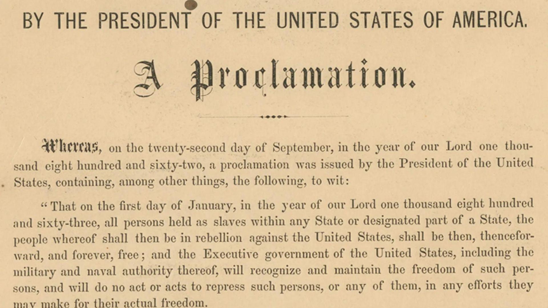 Close-up photograph of the first two paragraphs of the Emancipation Proclamation