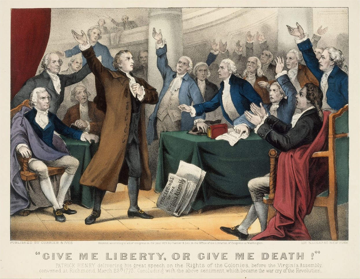 A hand-colored lithograph of Patrick Henry delivering his great speech on the Rights of the Colonies before the Virginia Assembly
