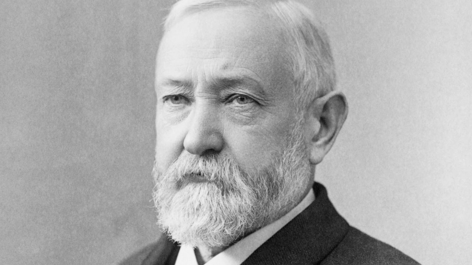 A black and white 1896 photo of Benjamin Harrison.