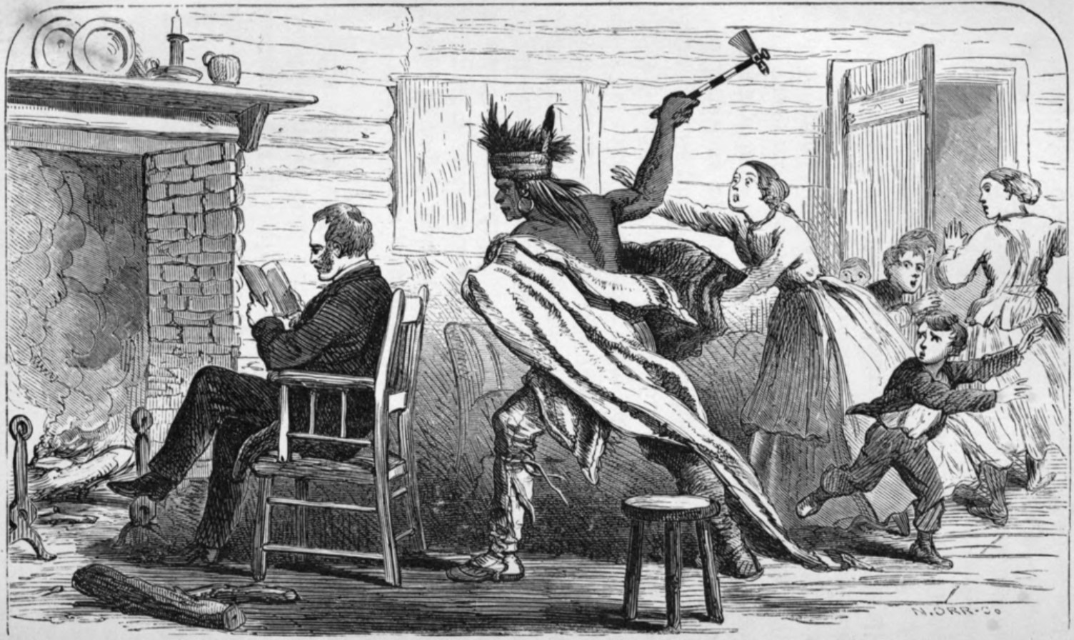 An image depicting the murder of Rev. Dr. Whitman by a member of the Cayuse tribe