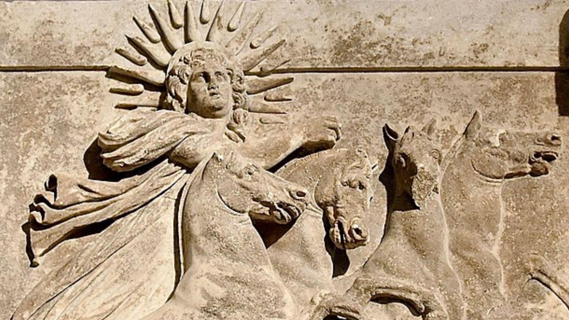 A sculpture of Helios riding four horses.