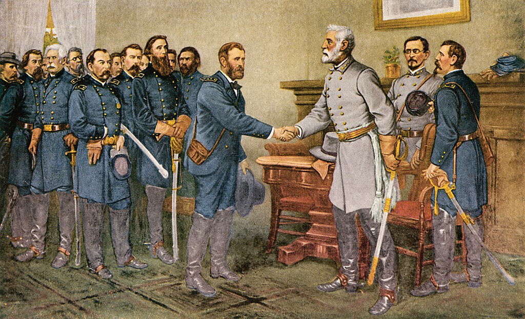 A painting which portrays General Lee surrendering to the Union at Appomattox Court House