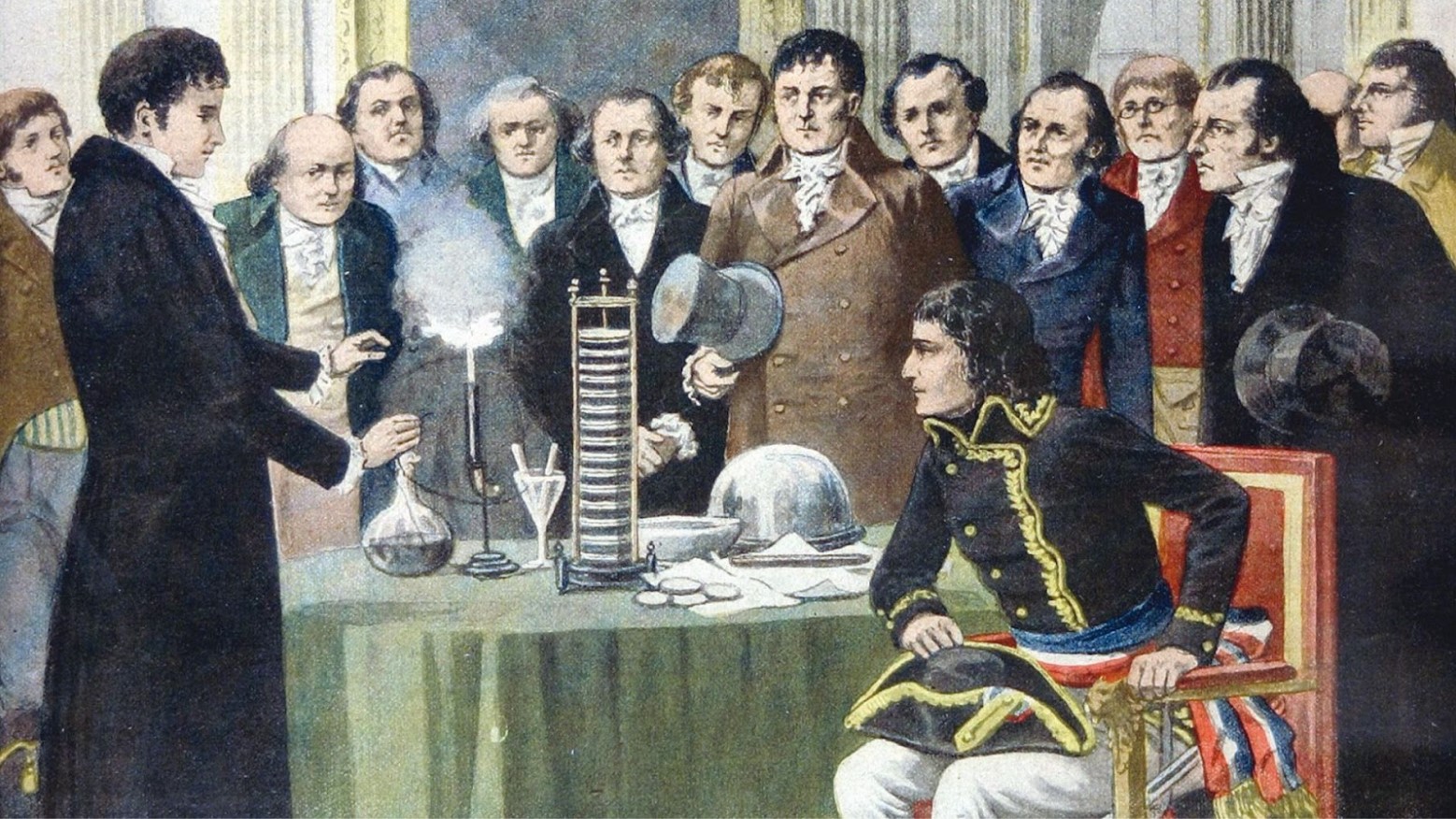 A painting of Alessandro Volta showing Napoleon and others his inventions.