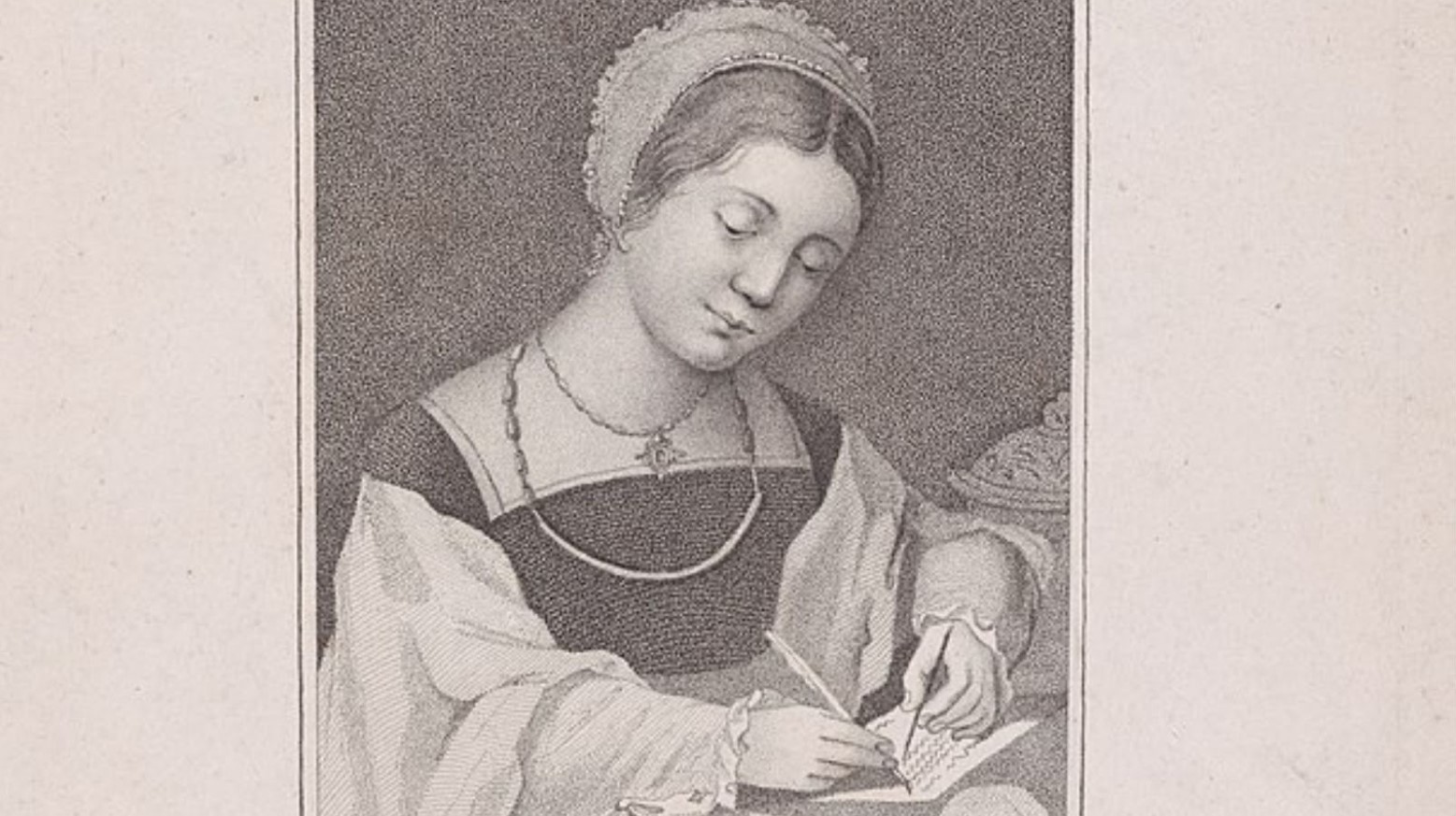 This is a black-and-white print of Mary Queen of Scots. She is writing something down using a feather quilt pen.