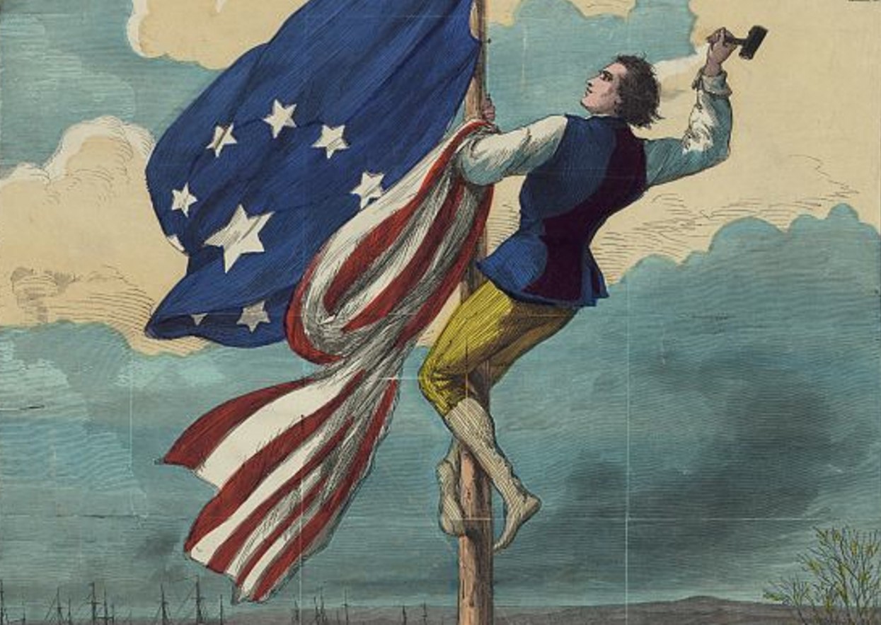 Painting of a loyalist colonist removing a US flag from a flag pole