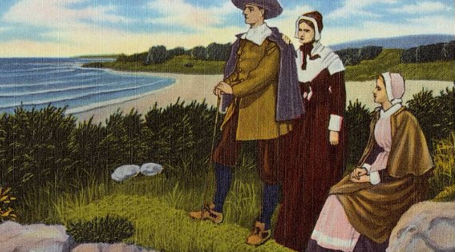 Three pilgrims, one man, and two women, sitting on top of a cliff. The cliff overlooks a beach.
