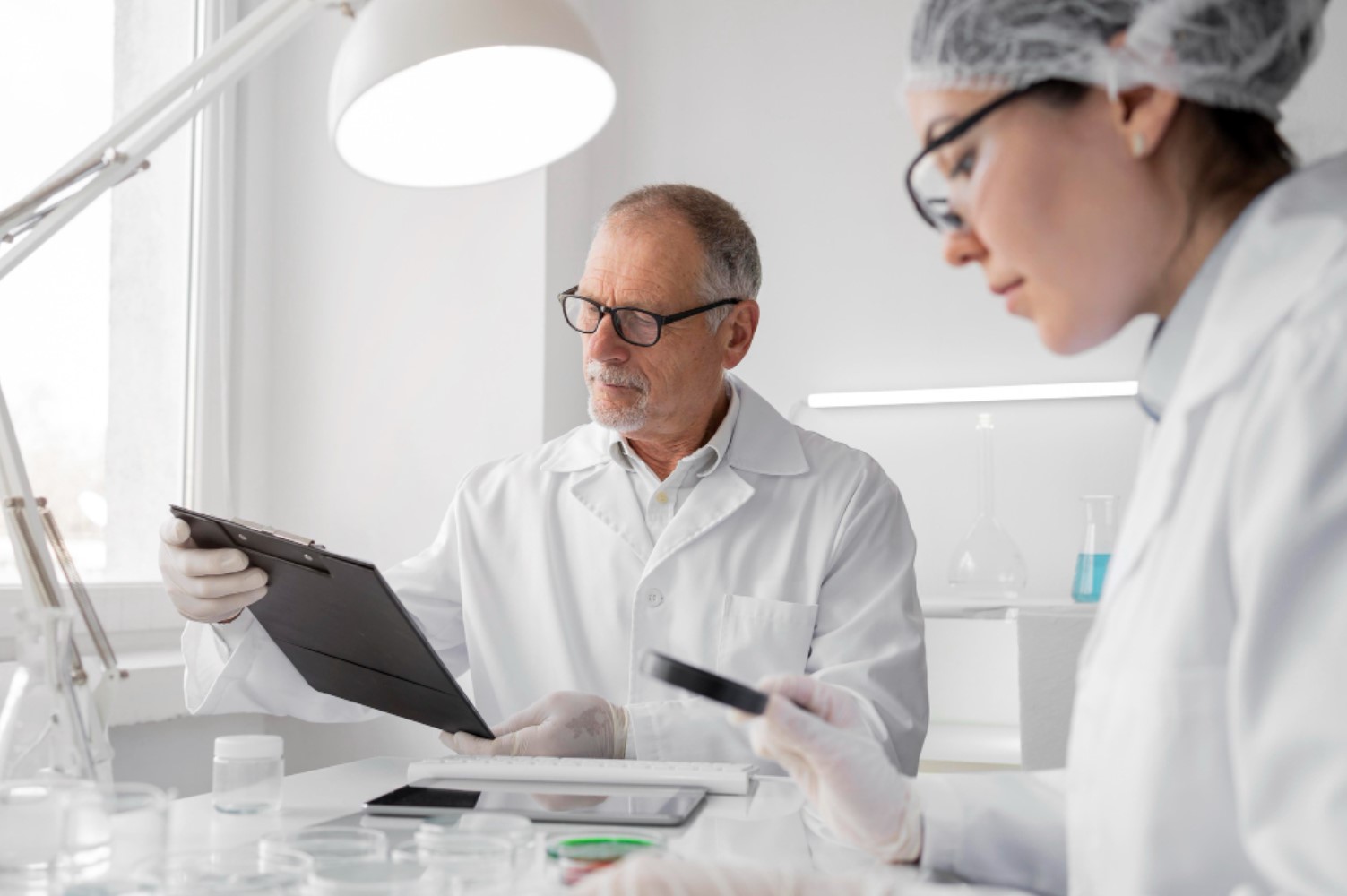 An image of several scientists working on research in their workspace