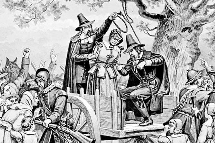 An accused witch being sentenced to death by hanging at the gallows in Salem