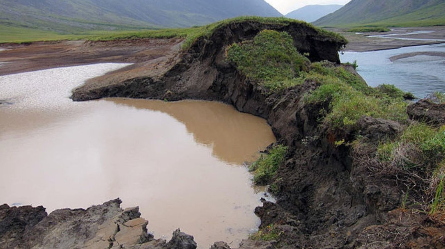 A lake in Alaska that is sinking due to thawing permafrost. The lake water is brown and is surrounded by mud and grass.