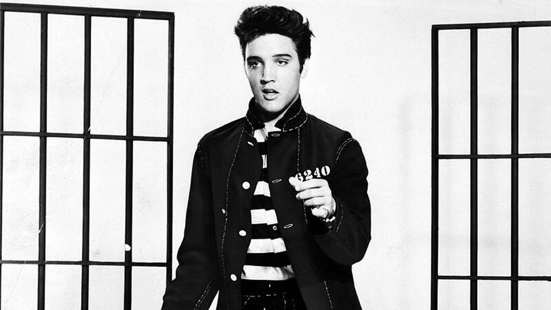 A photograph promoting the film Jailhouse Rock depicts singer Elvis Presley.