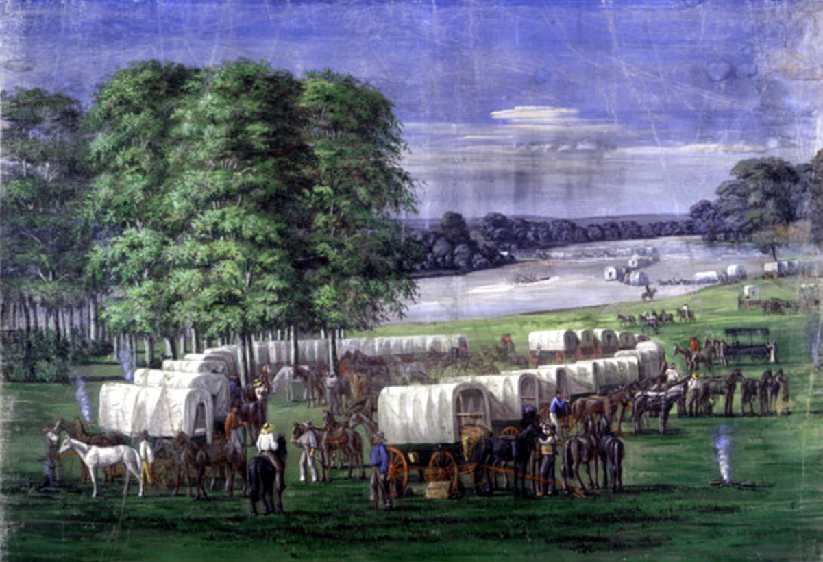 An image that depicts several Mormons crossing the plains of Nebraska