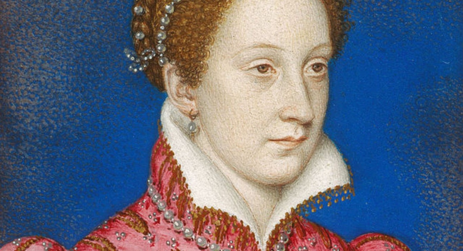 A portrait painting of Mary Queen of Scots. She is wearing a pink dress and has pearls in her hair. She also has pearl earrings and a pearl necklace.