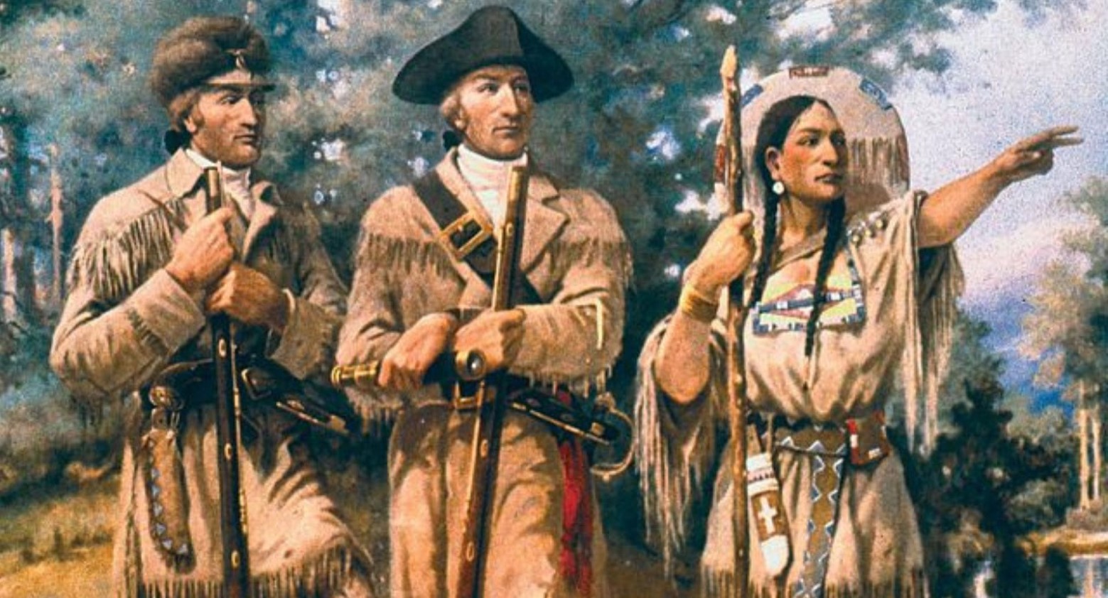 A painting of Lewis and Clark with the Sacagawea. She is pointing them in the right direction and holding a stick. Lewis and Clark are both holding shotguns.