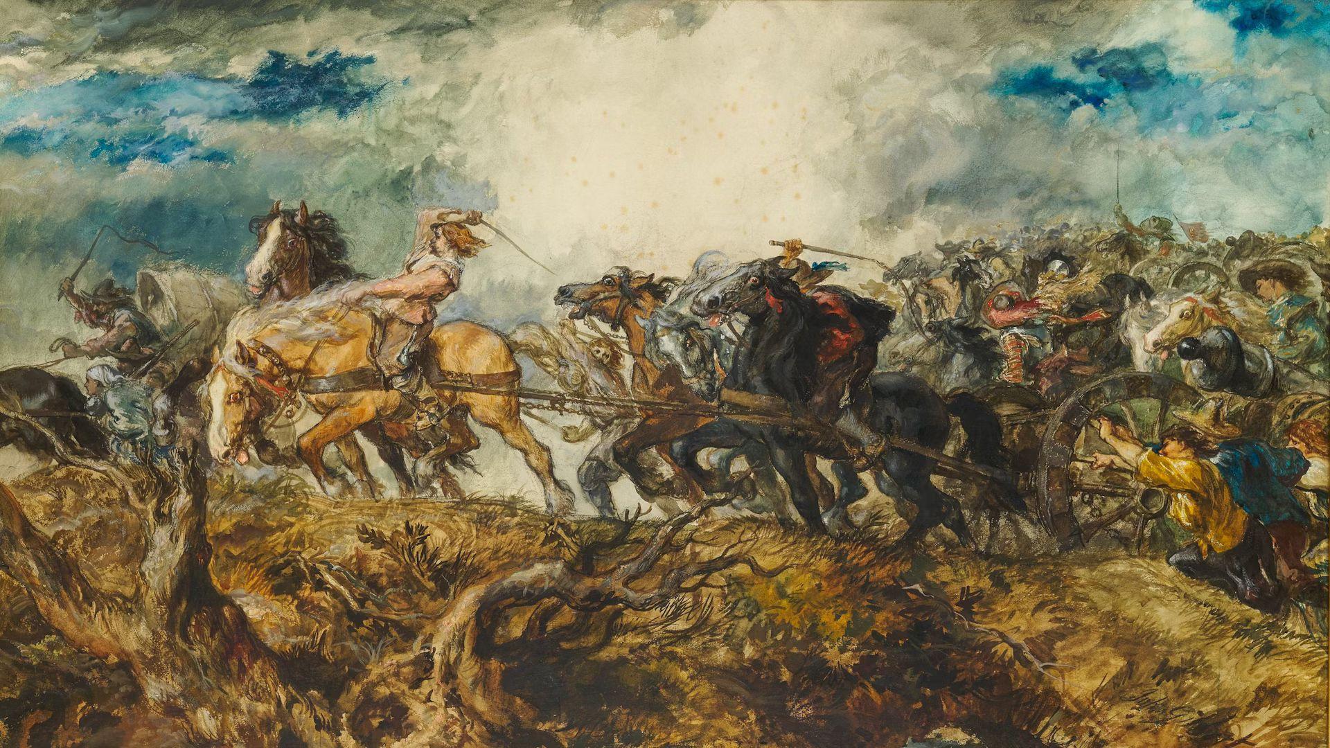 A painting of the Trojan War. There are men on horses and horses and carts.