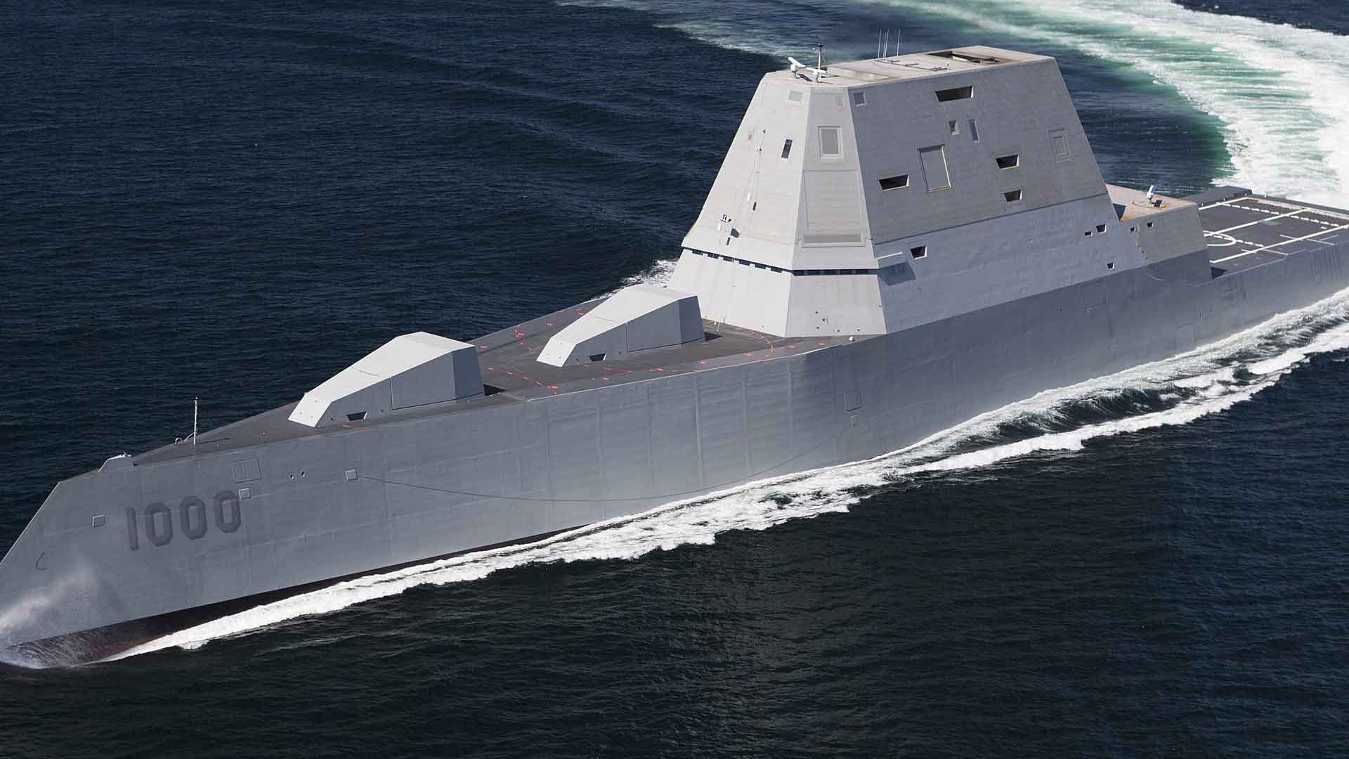 Aerial shot of USS Zumwalt