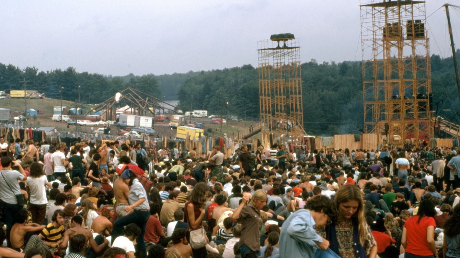 A huge crowd at Woodstock in the daytime in 1969.
