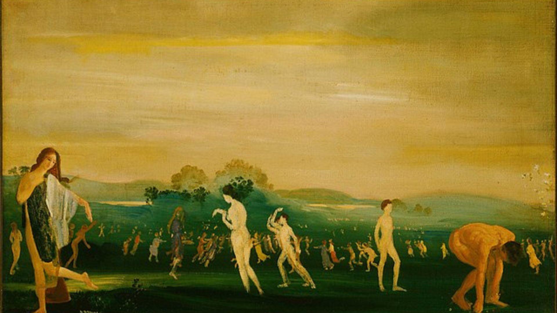 A painting of the Elysium fields. There are people in the fields with no clothes on.