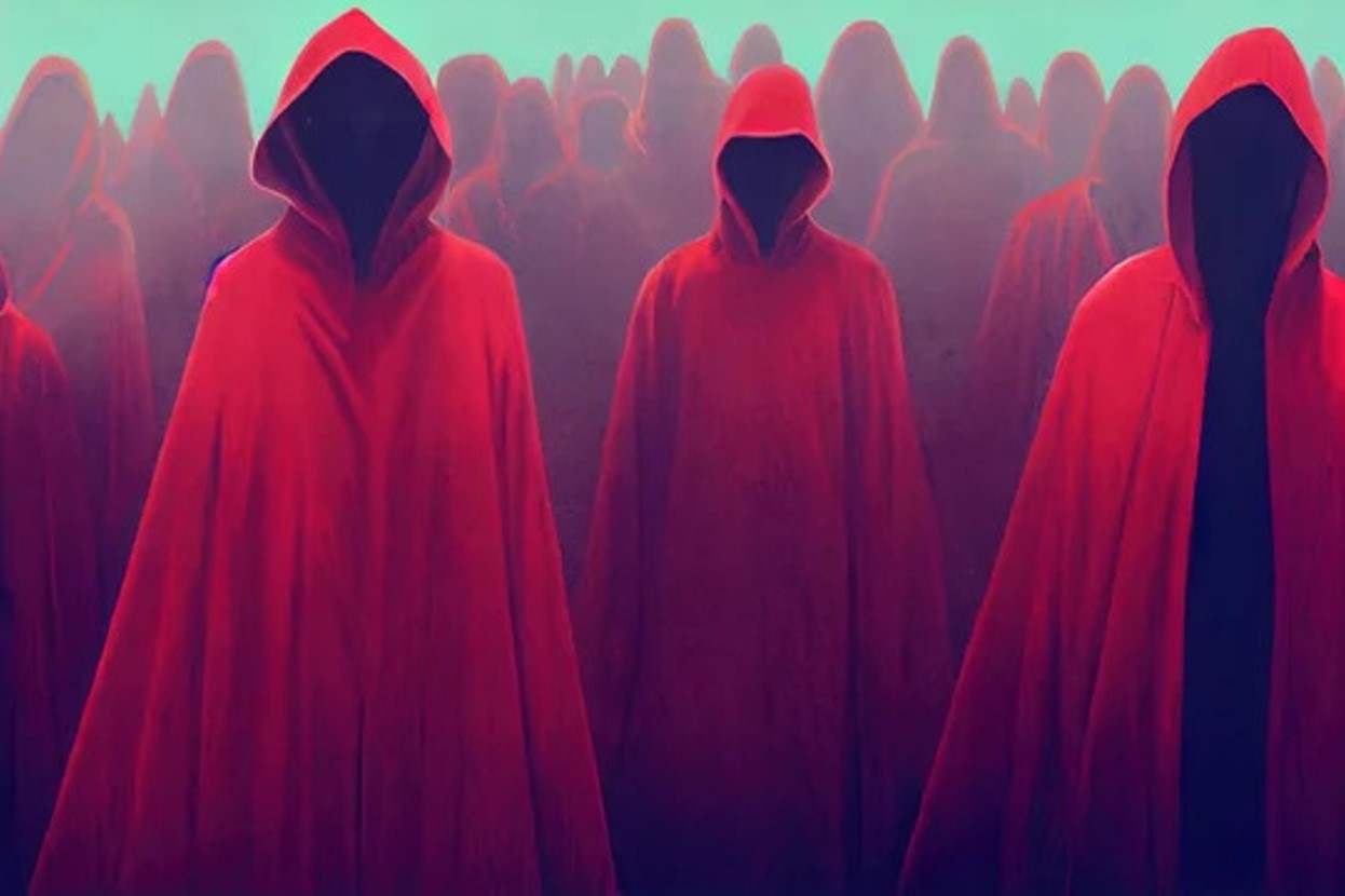 Digital illustration of a crowd of people wearing red robes
