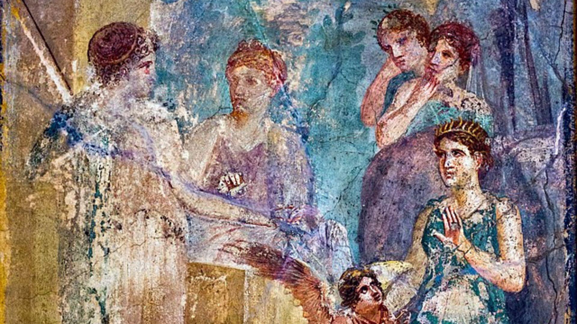 A painting of Artemis. She is surrounded by five others.