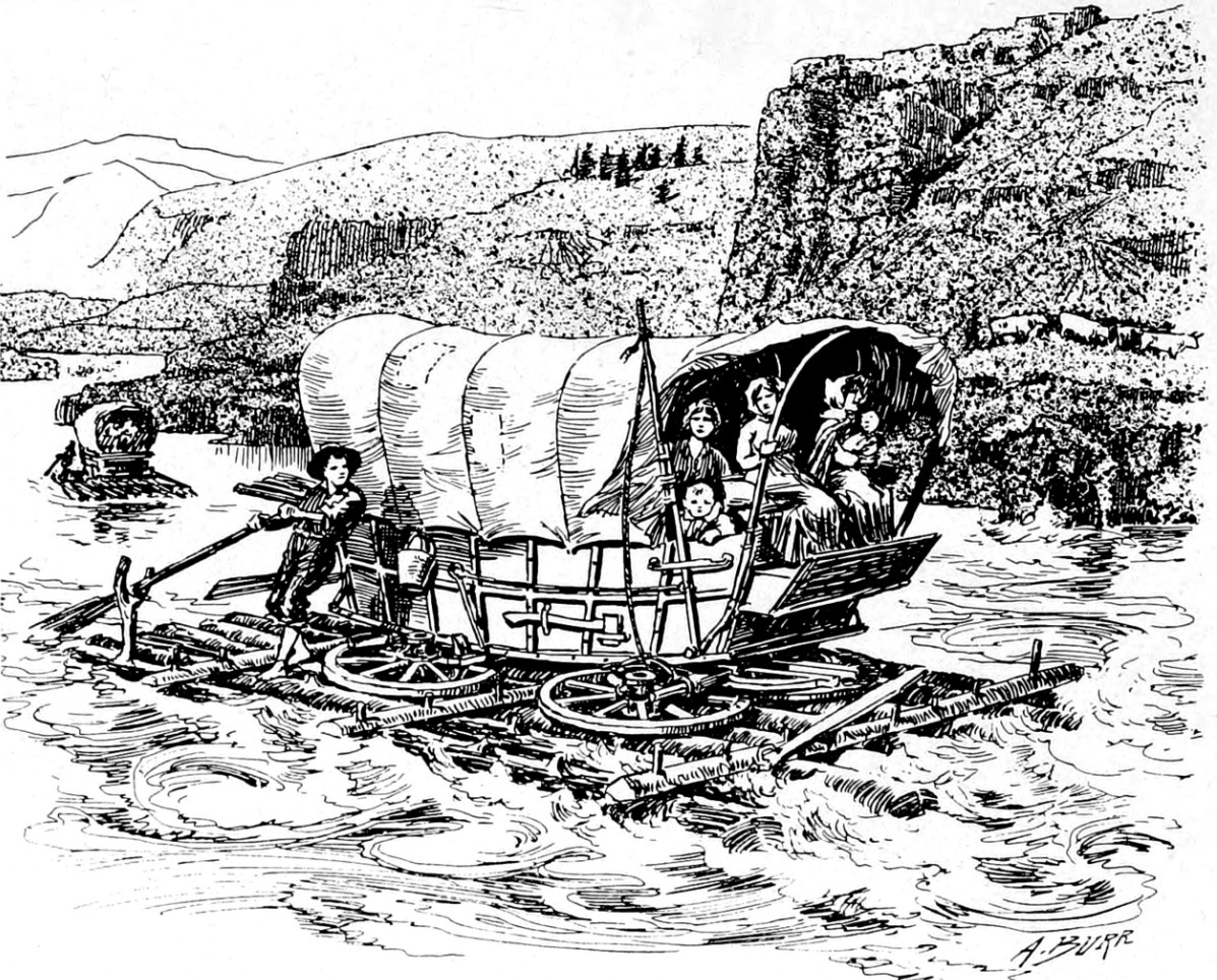 A depiction of one cart traveling along the Oregon Trail