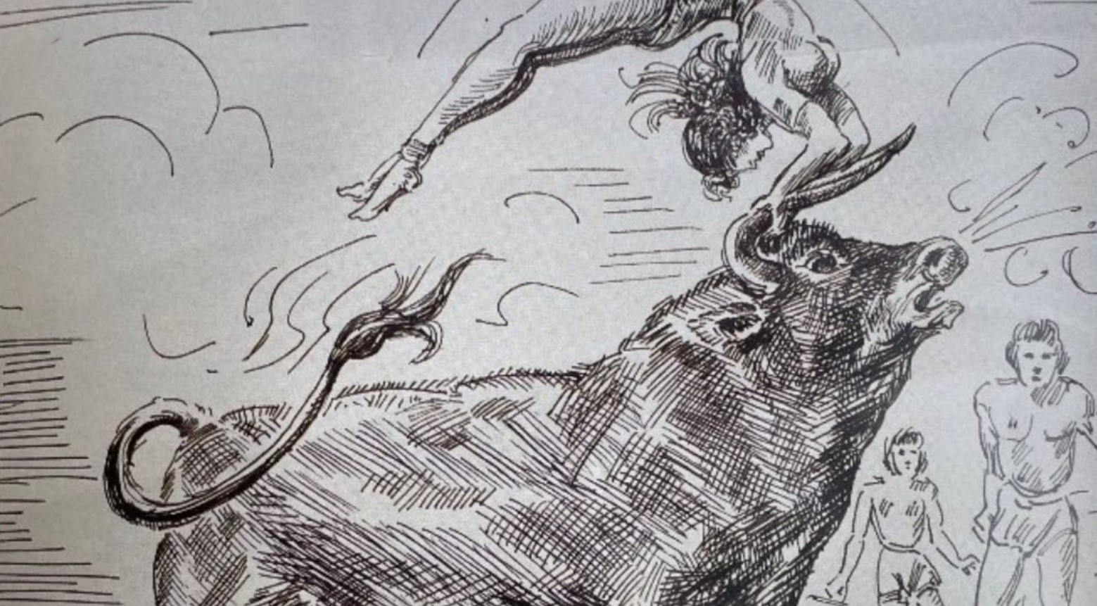 A black and white drawing of Minoan bull-jumping. The drawing shows someone jumping over a bull while holding onto his horns. Two people are watching the bull-jumping.