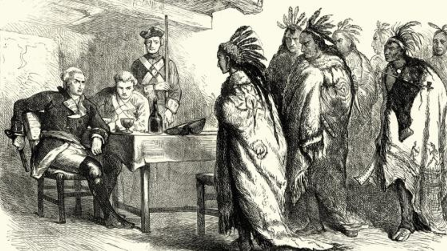 Depiction of the British army meeting with the chiefs of the Native American tribes