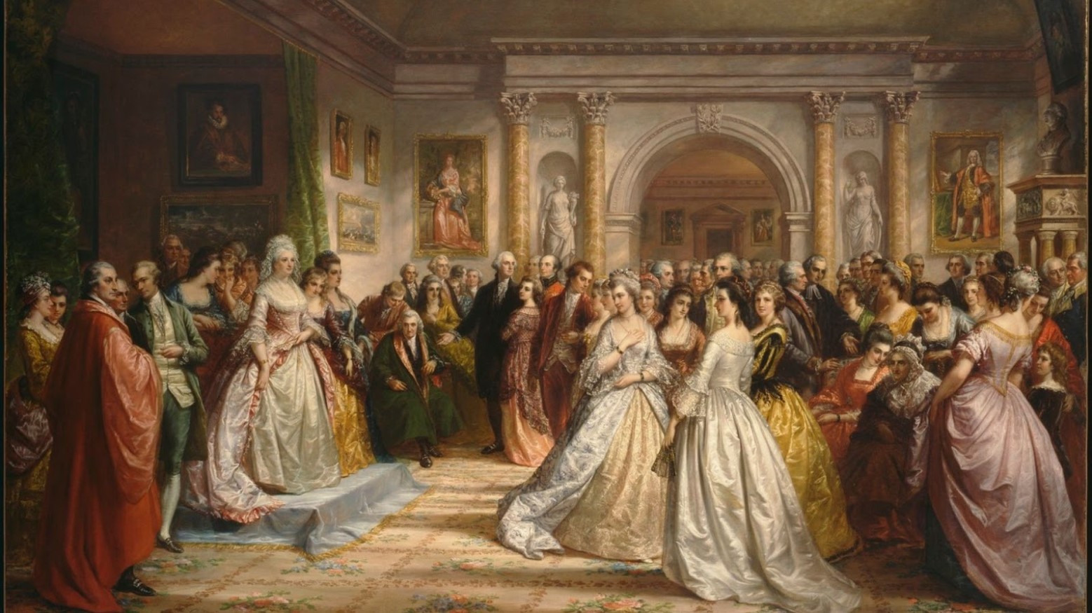An 1860s painting by Daniel Huntington of George Washington and his wife holding a reception.