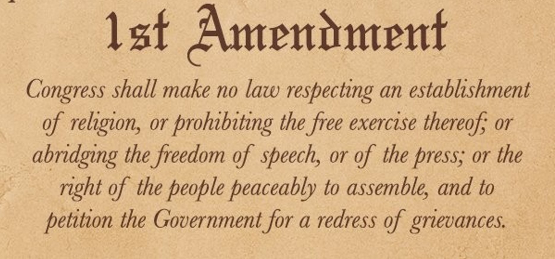 Close-up photograph of the first paragraph of the 1st Amendment