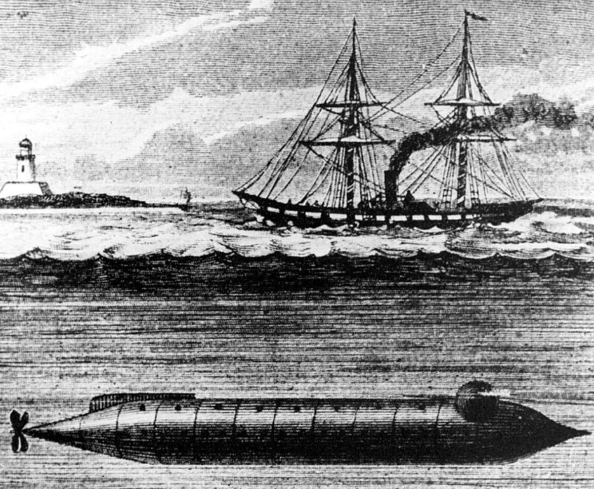 An artist's rendition of the first US Submarine, the Alligator