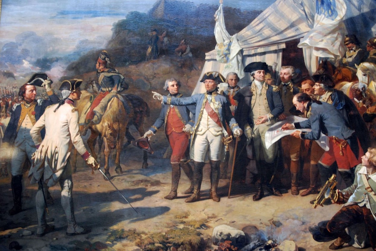 A painting of the Siege of Yorktown where General Rochambeau and general Washington give last orders before an attack
