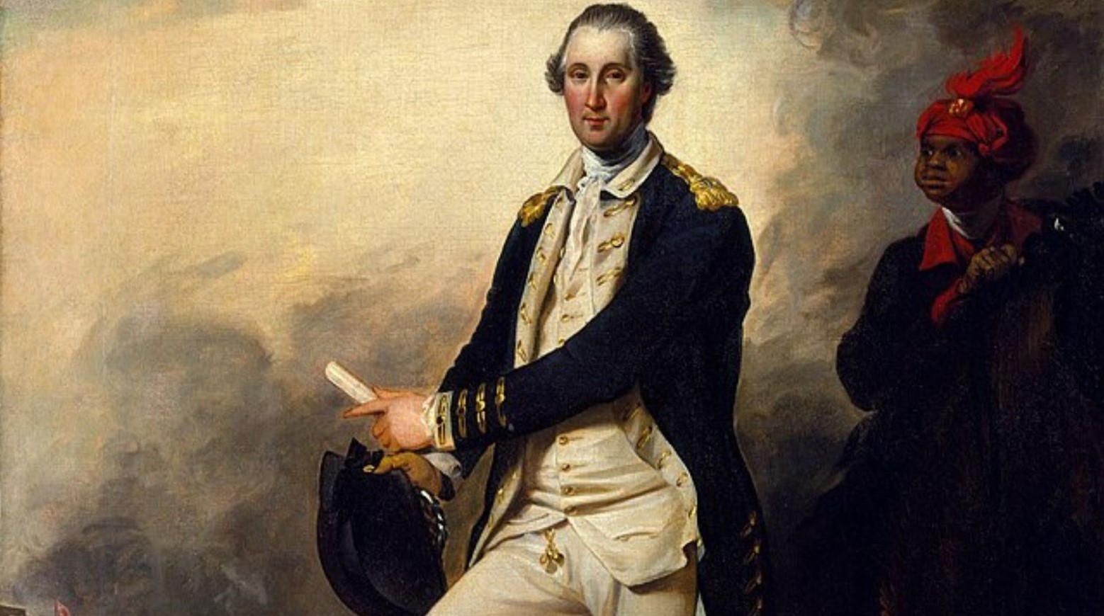 A painting of George Washington. He wears an army uniform, and his servant, William Lee, rides a horse behind him.