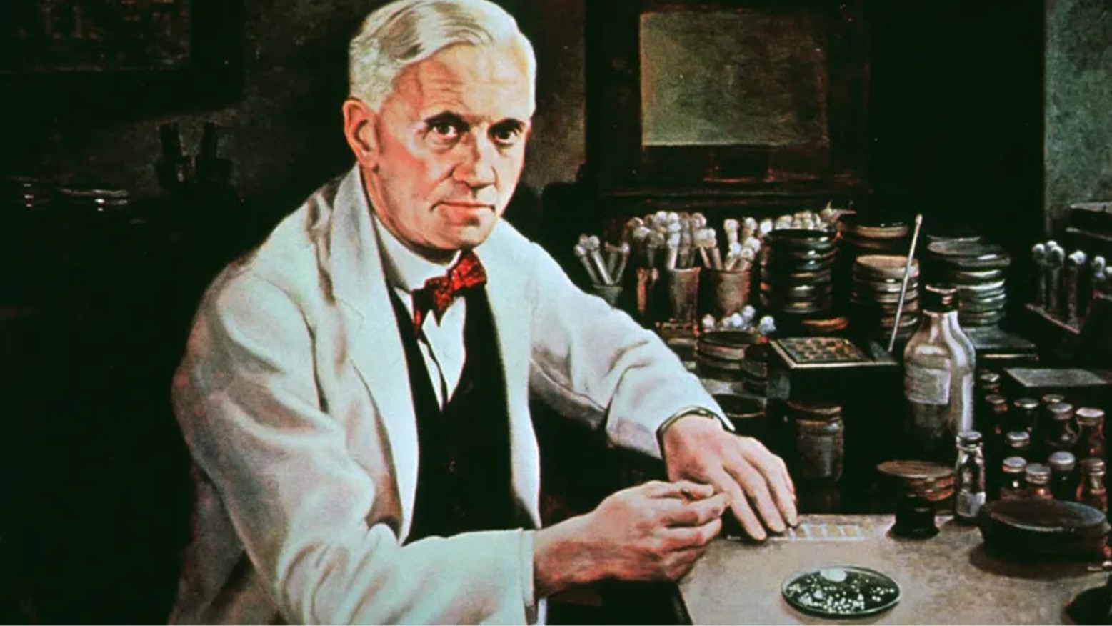 Illustration of Alexander Fleming, the man who invented penicillin in his laboratory