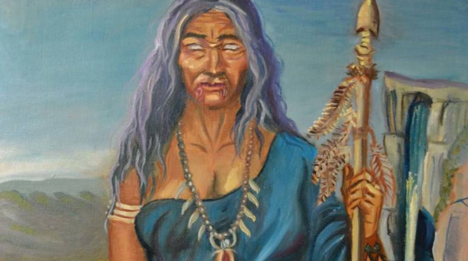 A painting of Spearfinger. She is dressed as a Native American and is holding a spear in her hand.