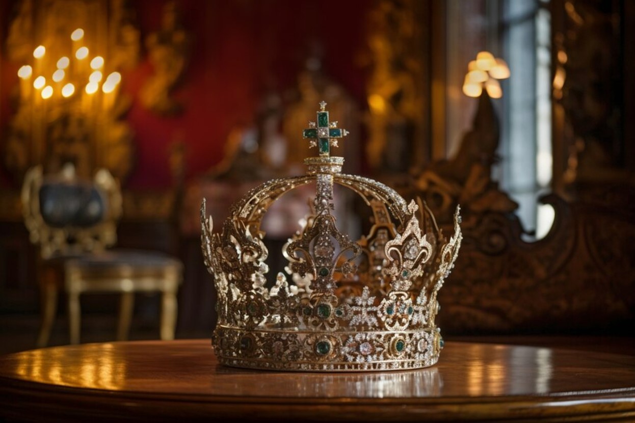 A photograph of a king’s crown on a wooden table