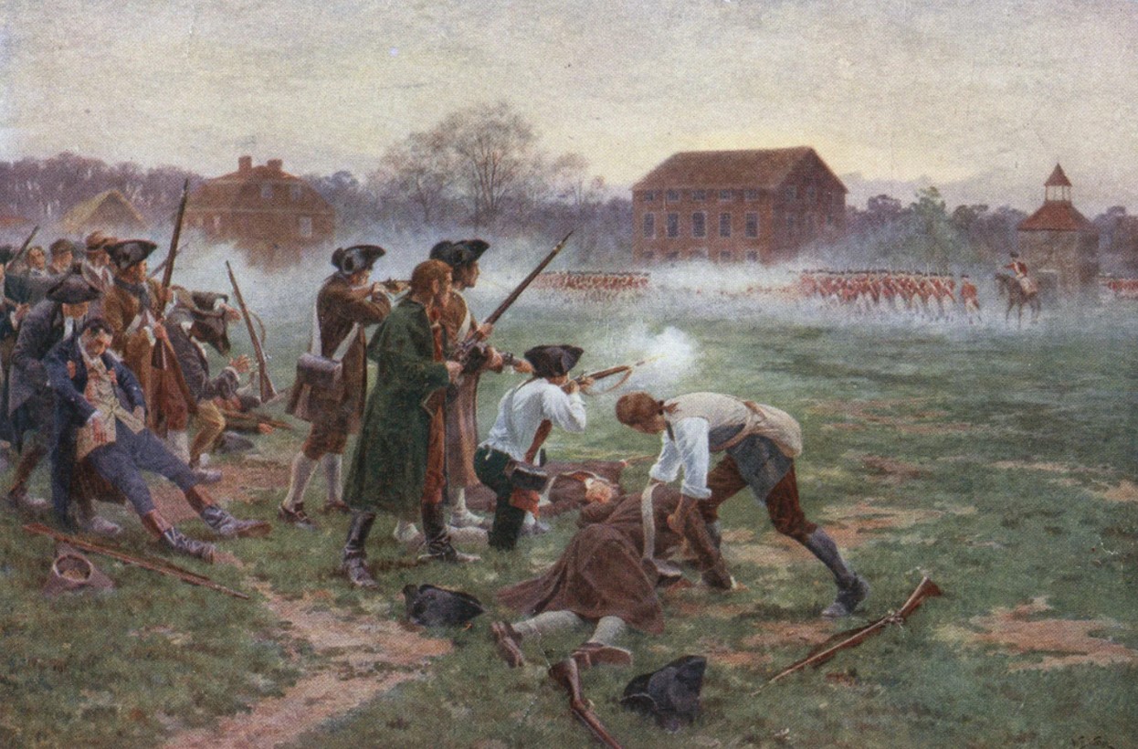 Patriots fight against the British at the Battle of Lexington, 19 April 1775, oil on canvas by William Barns Wollen, 1910