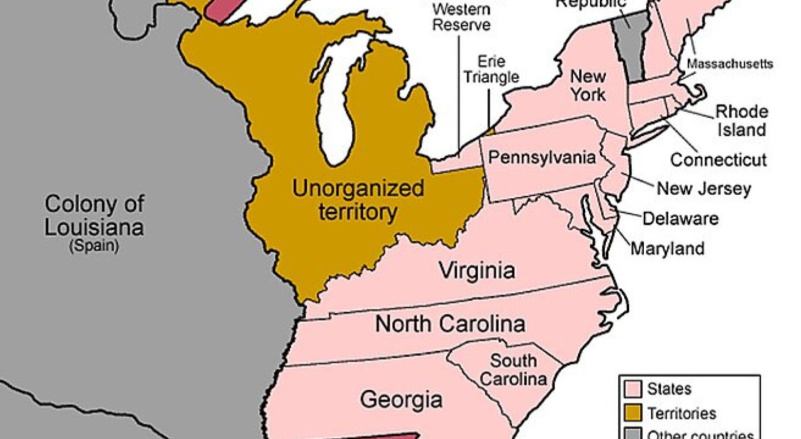 A map of the US states and colonies from the 1700s. There are only states on the east side, an unorganized territory, and the Colony of Louisiana.