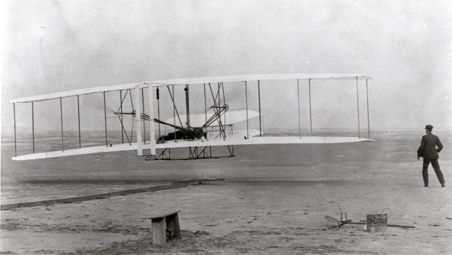The Wright brothers conducting an airplane experiment.