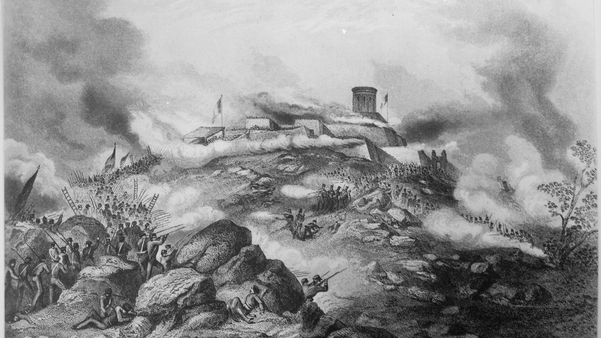 A black and white engraving depicting a battle during the Mexican-American War.