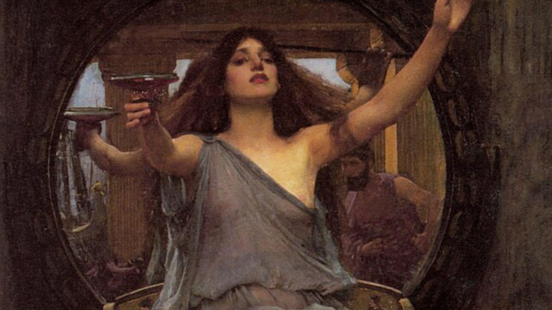 A painting of Sorceress Circe offering a drink to Odysseus.